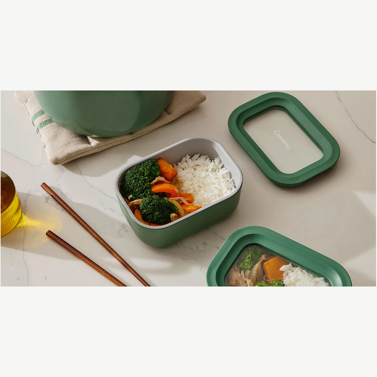 Caraway Mini Rectangle Food Storage Container 2.6 Cup - Non-Toxic Glass, Microwave & Oven Safe, Air Release Lid