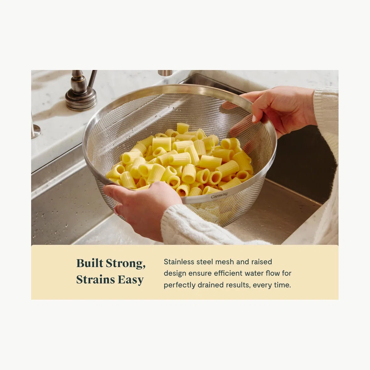 caraway-large-stainless-steel-strainer-6qt-fast-drainage-non-toxic-stackable image 3